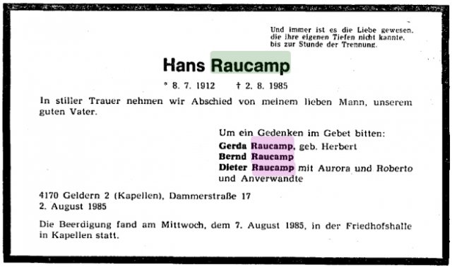 Raucamp Hans 1912-1985 Todesanzeige (1)